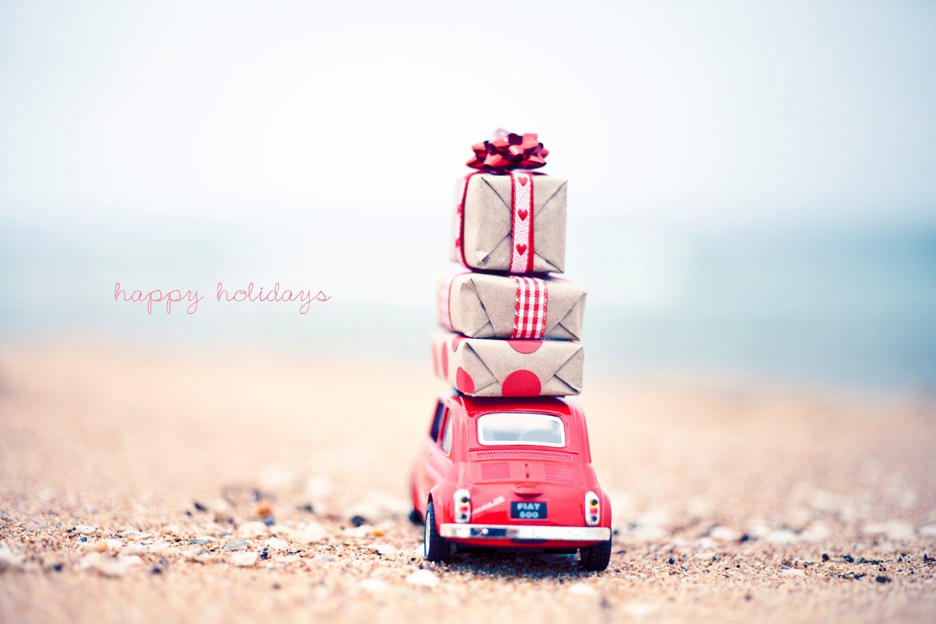 CHRISTMAS CARD Happy Holidays Original 6" x 4" Photo Mounted on Heavy Weight Card Stock. Fiat 500, Retro, Red, Kraft, Gifts, Beach