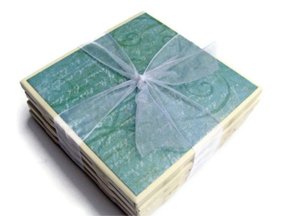 Blue Green Swirl with Script Handmade Tile Coasters Set of 4 White Winter Drink Coasters Beverage Coasters