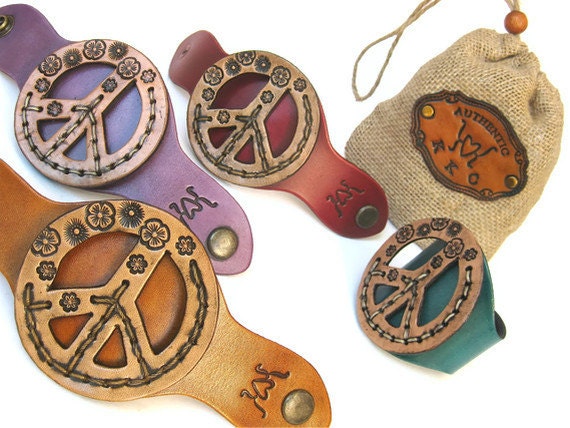 Tooled Leather Peace Sign Cuffs with Flowers and Hand Stitching by Karen Kell Collection