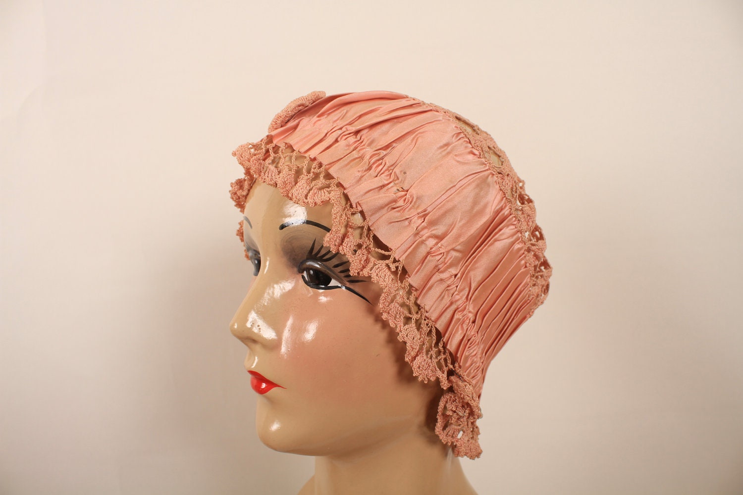 Antique 1920s Night Cap / 20s Pink Satin and Crochet / Downtown Abbey - ladyscarletts