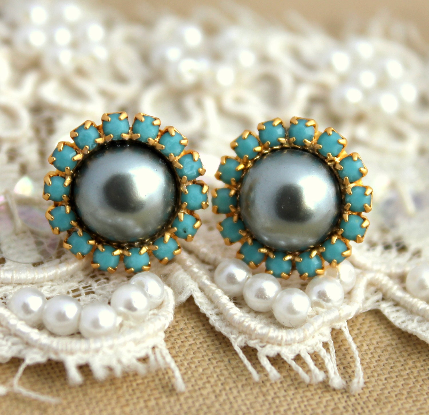 Turquoise and silver pearls  stud earring - 14k plated gold post earrings real swarovski pearls .