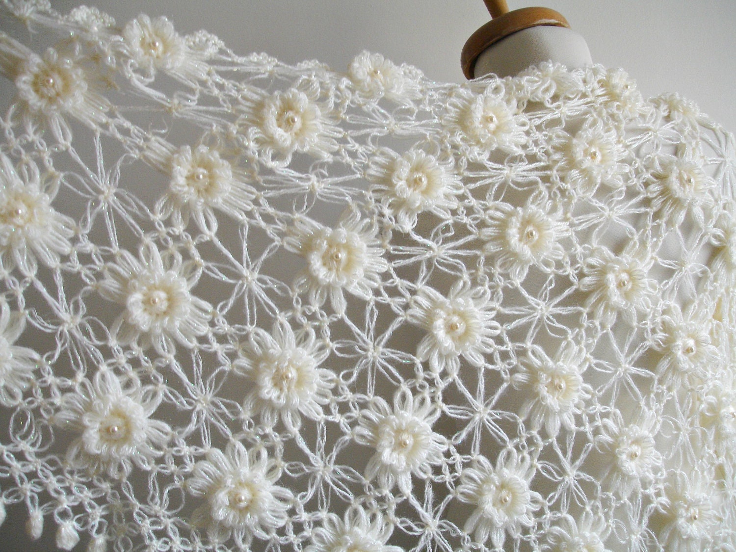 Wedding Wrap, Ivory Shawl,   Bridal  Shawl with Pearls, T riangle Shawl By Crochetlab, Mohair, Ready To Ship, Gift for Her