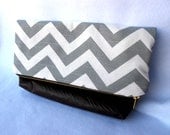 Foldover Clutch in Grey Chevron and Brown Faux Leather
