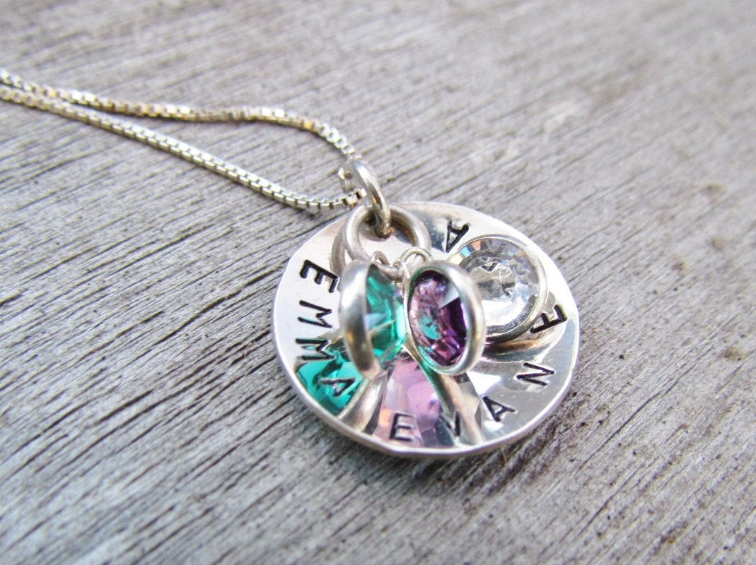 Personalized Necklace Hand Stamped Jewelry Custom Name MOMMY Keepsake Pendant Crystal Swarovski Charms Cupped Sterling Silver