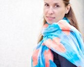 Silk Scarf nuno felted Shawl Tangerine Coral Butterfly Garden Turquoise Aqua Sky Blue sea vacation