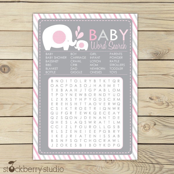 Elephant Baby Shower Pink & Gray Printable Word Search Game - Instant Download Il_570xn