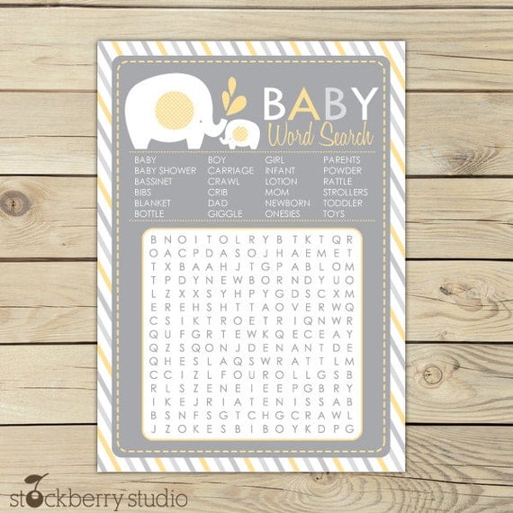 Elephant Baby Shower Yellow & Gray Printable Word Search Game - Instant Download Il_570xn
