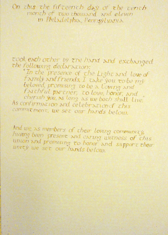 Plain Quaker marriage certificate, long text, hand calligraphy, personalized