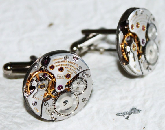 LONGINES Men Steampunk Cufflinks - AUTHENTIC Luxury Swiss Silver High Grade Vintage Watch Movement - Men Steampunk Cufflinks Cuff Links Gift