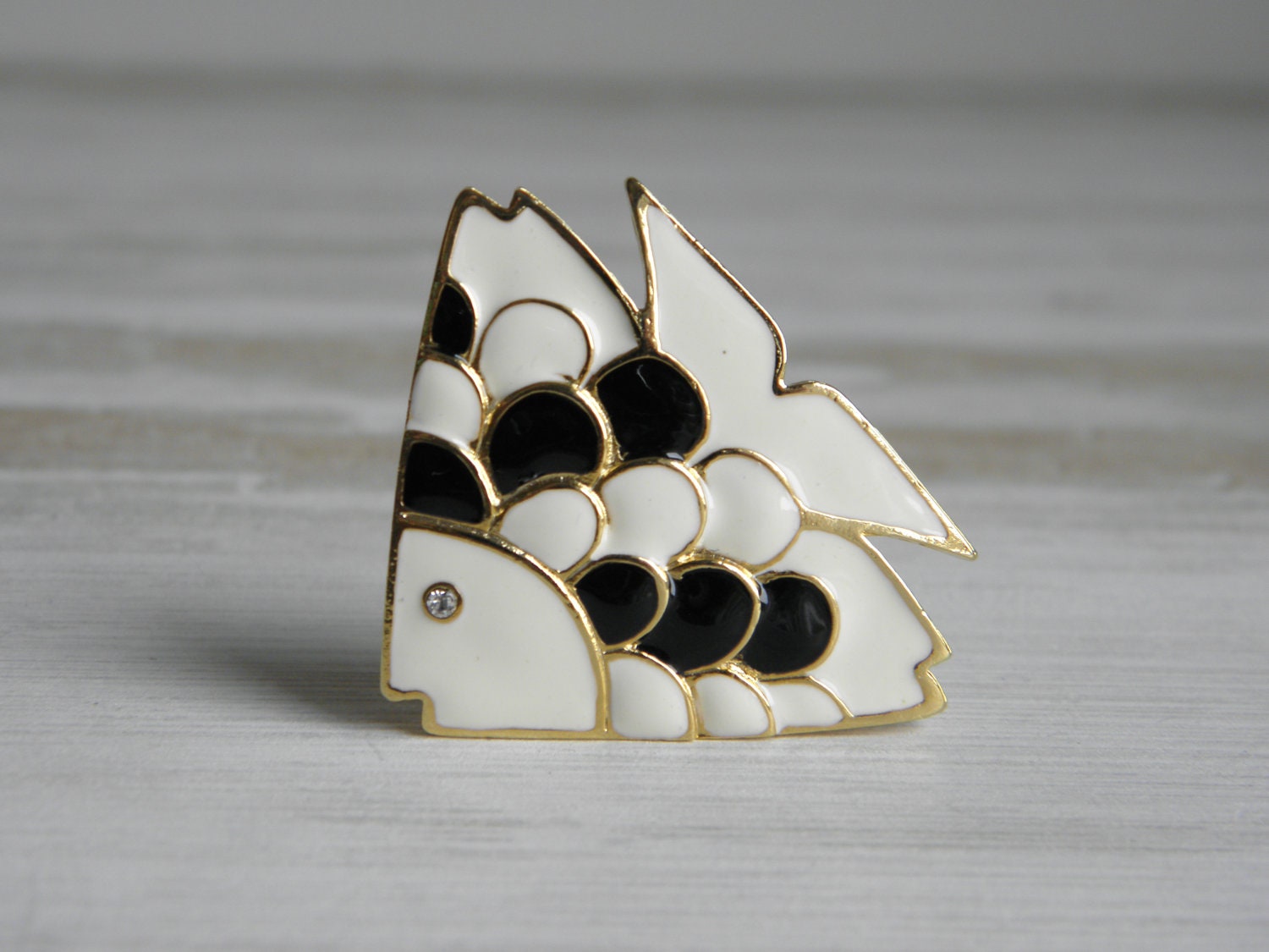 Vintage Giovanni Enameled Fish Brooch Pin Rhinestone Eye Summer Brooch Black and White