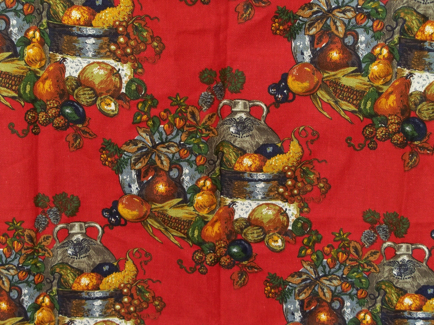 Vintage 1960s Fabric Linen Upholstery Venetian Red Still Life Gabrielle Cie