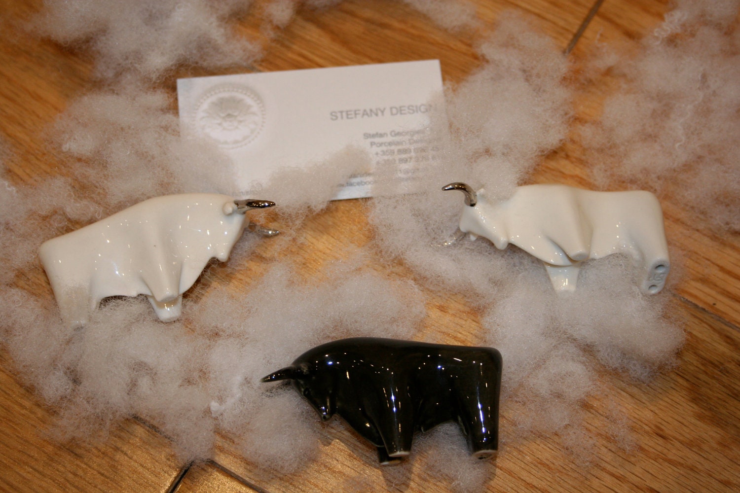 Handmade porcelain white/black Set of 3 small BULL with platinum horns
