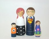 Large Wooden Peg Doll Family of 4- Personalized Custom Hand Painted Wood Peg Family Dolls