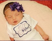 Vintage Shape Name Onesie with Matching Flower Headband by The Walnut Street House, Infant Creeper Personalized with baby name