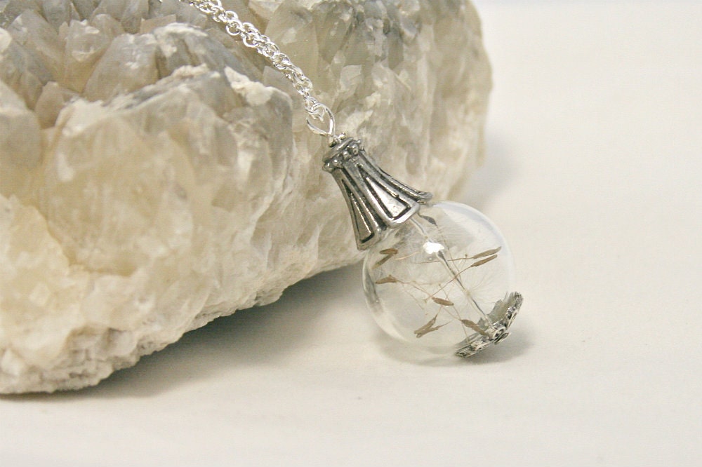Dandelion Seeds Clear Glass Orb Necklace, wishing bottle, make a wish (AL)