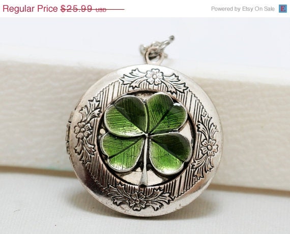 ON SALE Four Leaf Clover Locket,Claddagh, Antique Locket,Silver Locket, Irish,Lucky, Shamrock,Love,Wedding,Bridal Jewelry,Bridesmaids Gift