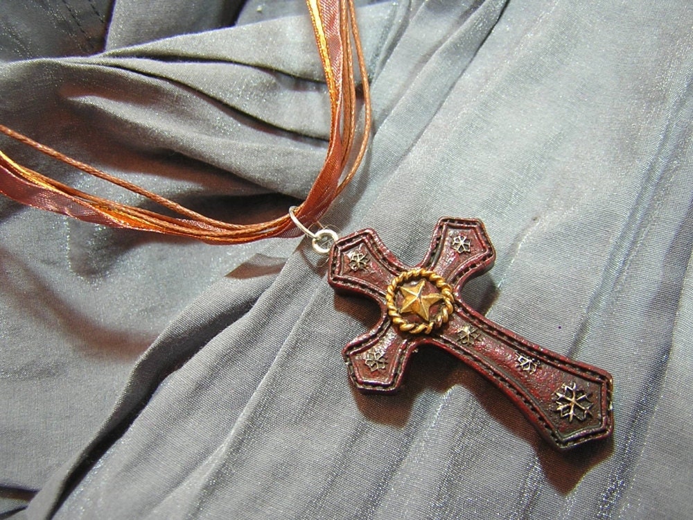 Brown Cross with Gold Star on Brown Fancy Ribbon Necklace - Handmade by Rewondered D225F-00004
