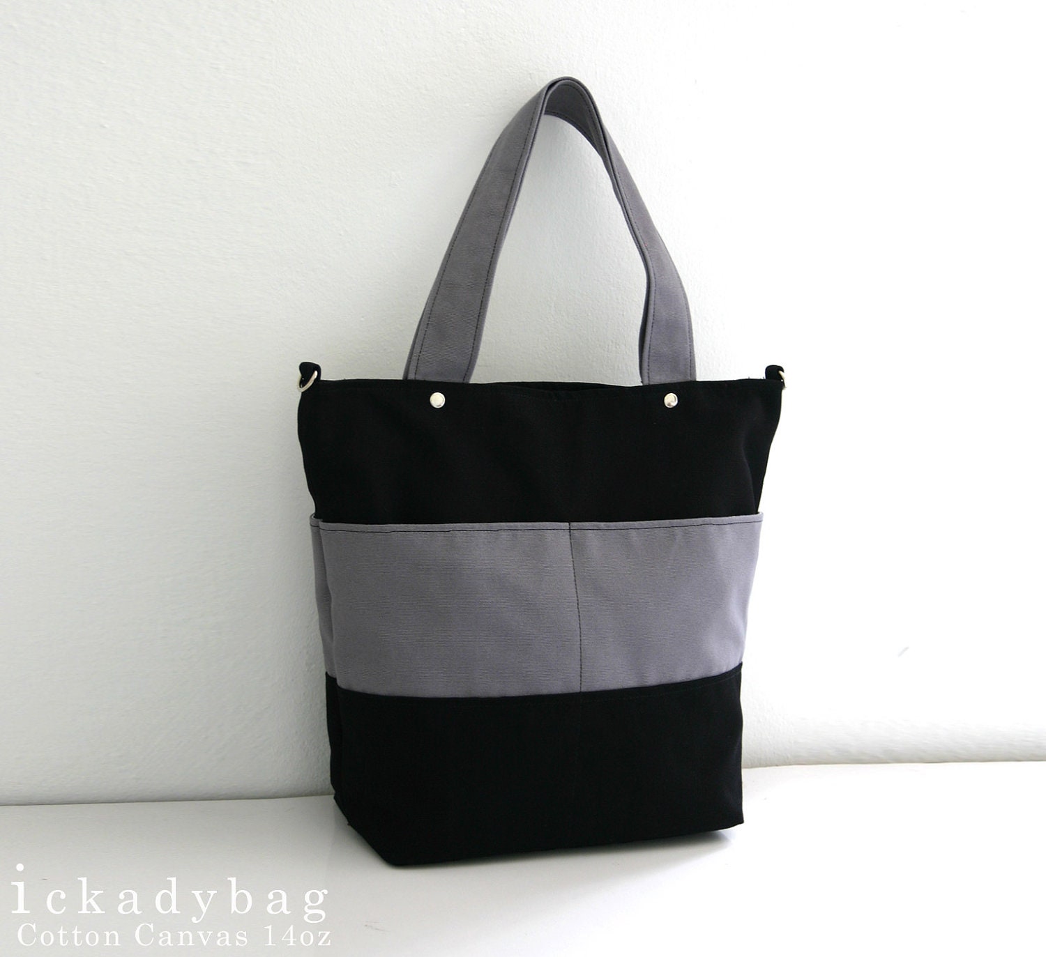 SALE - Unisex Black and Grey Canvas Bag / Tote / Diaper Bag / Messenger/ Laptop / Travel / Handbag - 4 Exterior Pockets