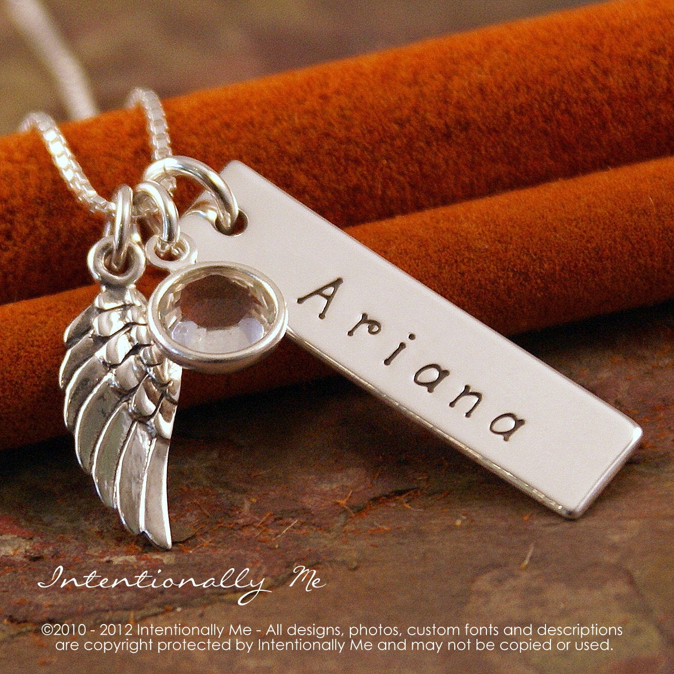 Hand Stamped Jewelry - Personalized Vertical Sterling Silver Name tag Necklace- Angel Wing Vertical Tag (Infant / Child Loss / Remebrance)
