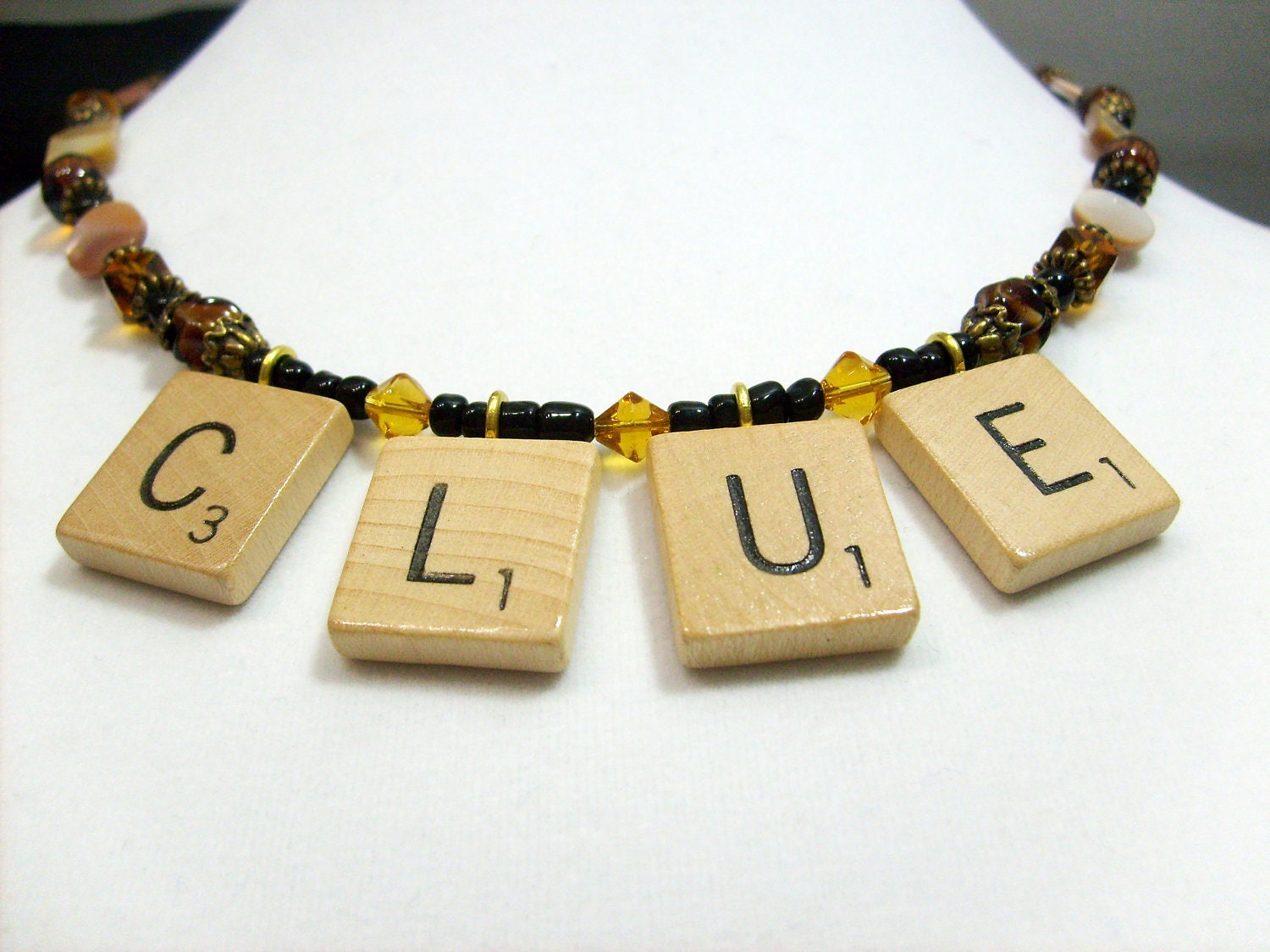 Clue necklace vintage Scrabble tile & mother of pearl