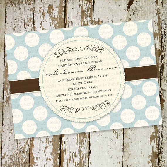 baby boy shower invitation or boy birth announcement, classy with blue polka-dots, digital, printable file (item 1244)