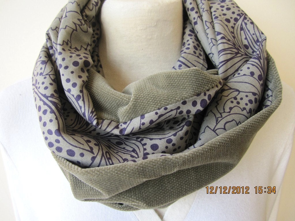 Purple floral Khaki green corduroy velvet infinity scarf-women's scarves-fabric cowl scarf - circle scarf-loop scarf nurdanceyiz