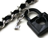 Goth Punk Recycled Lock and Key Bracelet in Black Ribbon Chain