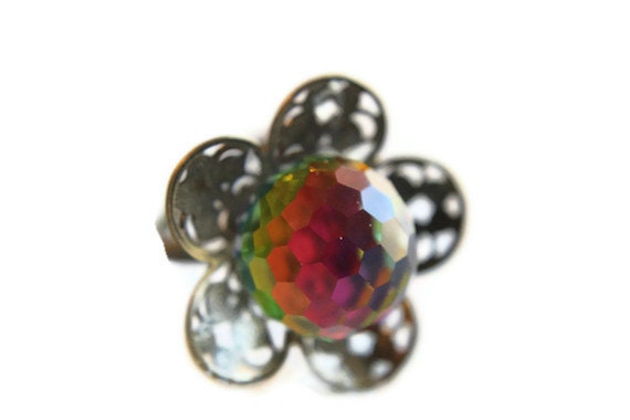 Swarovski Rainbow Crystal Ball Flower Gypsy Mystical Ring (adjustable)
