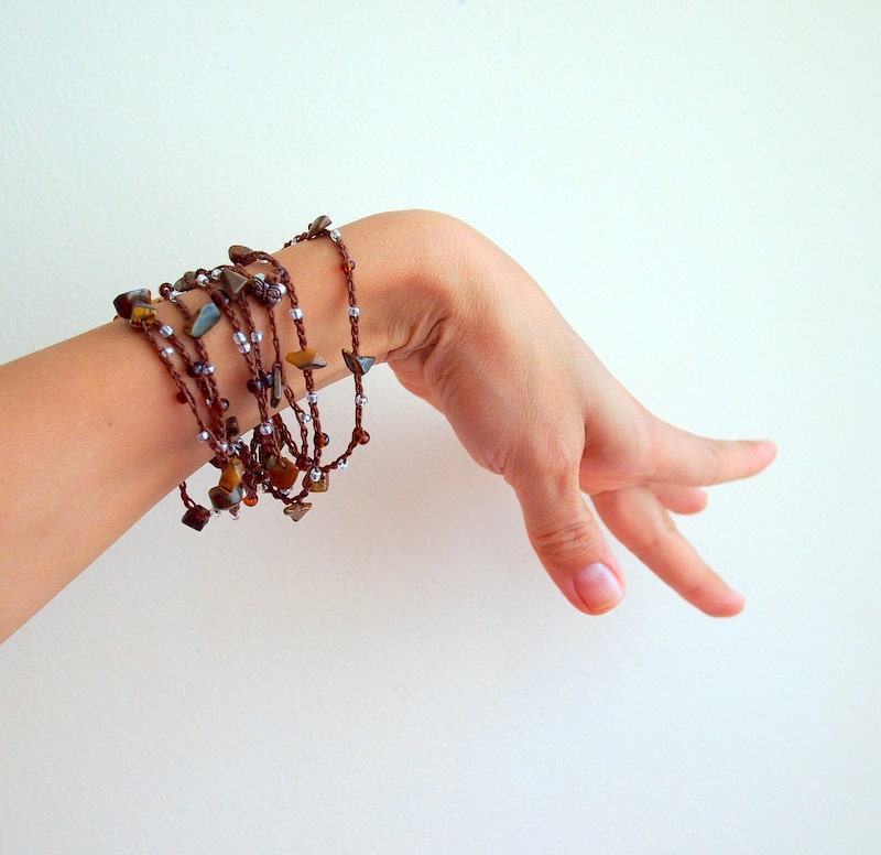 Necklace / lariat / wrap / bracelet - tiger eye brown cotton thread with chocolate beads  eco fashion  Crochet jewelry