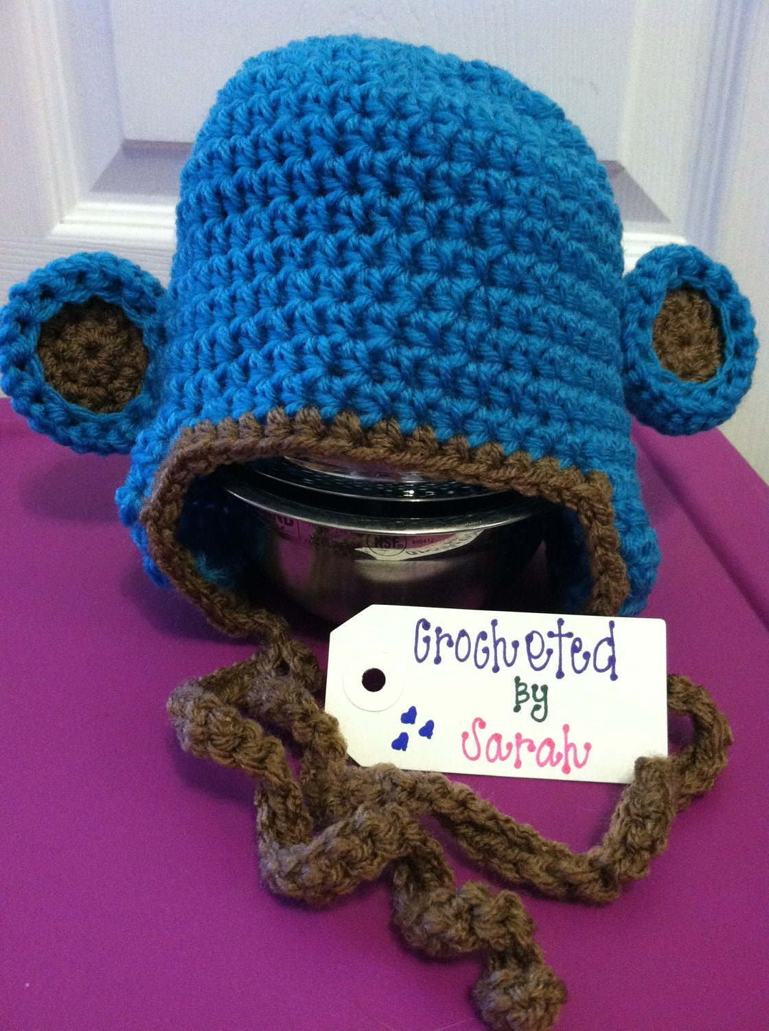 Warm, Monkey Beanie--Made to Order--Newborn-Child Size
