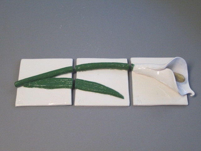 Long stem lily ceramic tile, Flower sculpture, Holiday decoration, 3 piece set, Art tile, Holiday gift