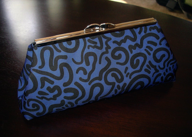 Clutch Purse Cobalt Blue Black Graffiti Modern Fabric Nickel Silver Clasp Black Taffeta Lining with Card Pocket - Evening Bag or Daytime Bag
