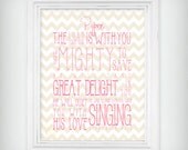 Personalized "He Is Mighty To Save" Scripture Verse 8x10 Art Print Zeph 3:17 - Pink and Tan - Piper