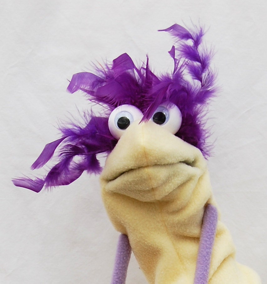 Yellow Hand Puppet with Rod Arms Google Eyes Moving Mouth