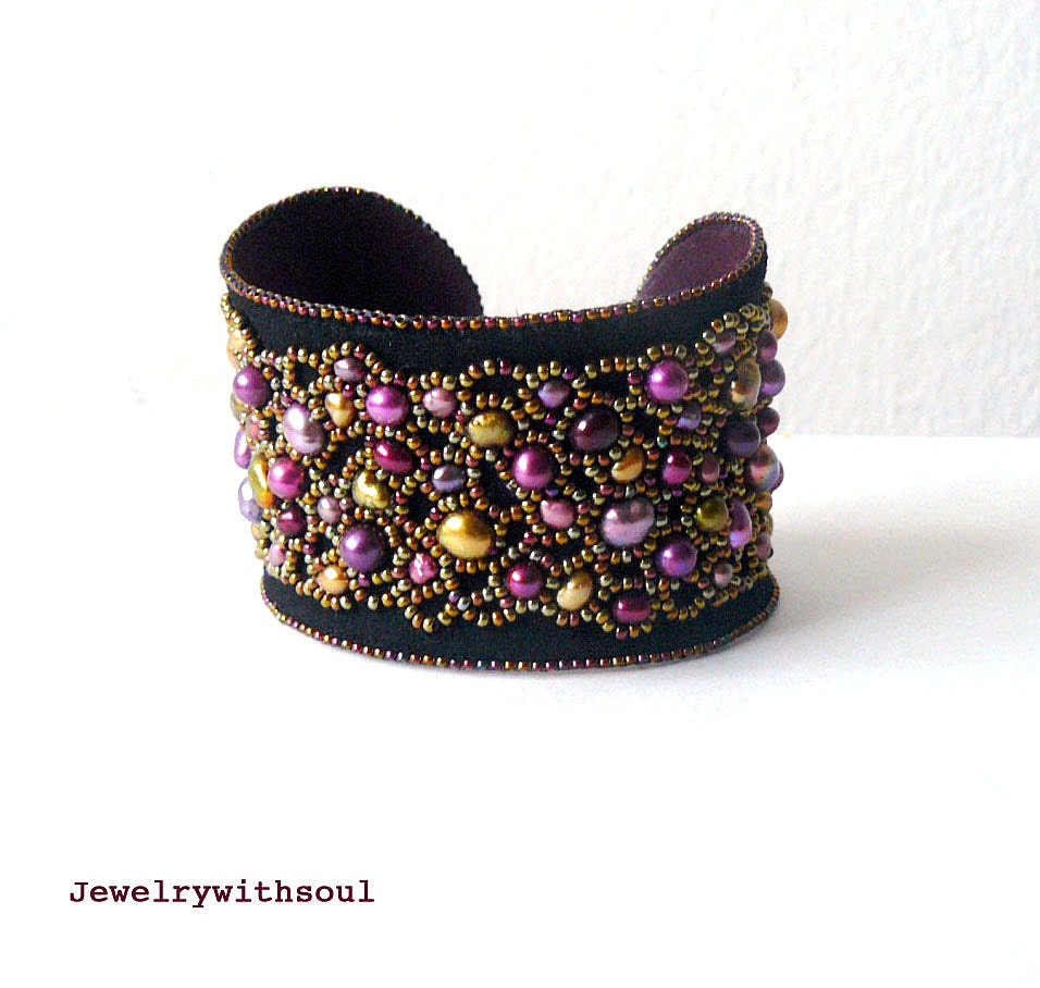 Bead embroidery cuff bracelet with freshwater pearls in black, antique gold, fuchsia, pink and purple - Midnight garden