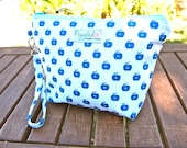 Zippered Wristlet Pouch / Clutch (Small)  - Blue and White Apples Hand Screen Printed Fabric