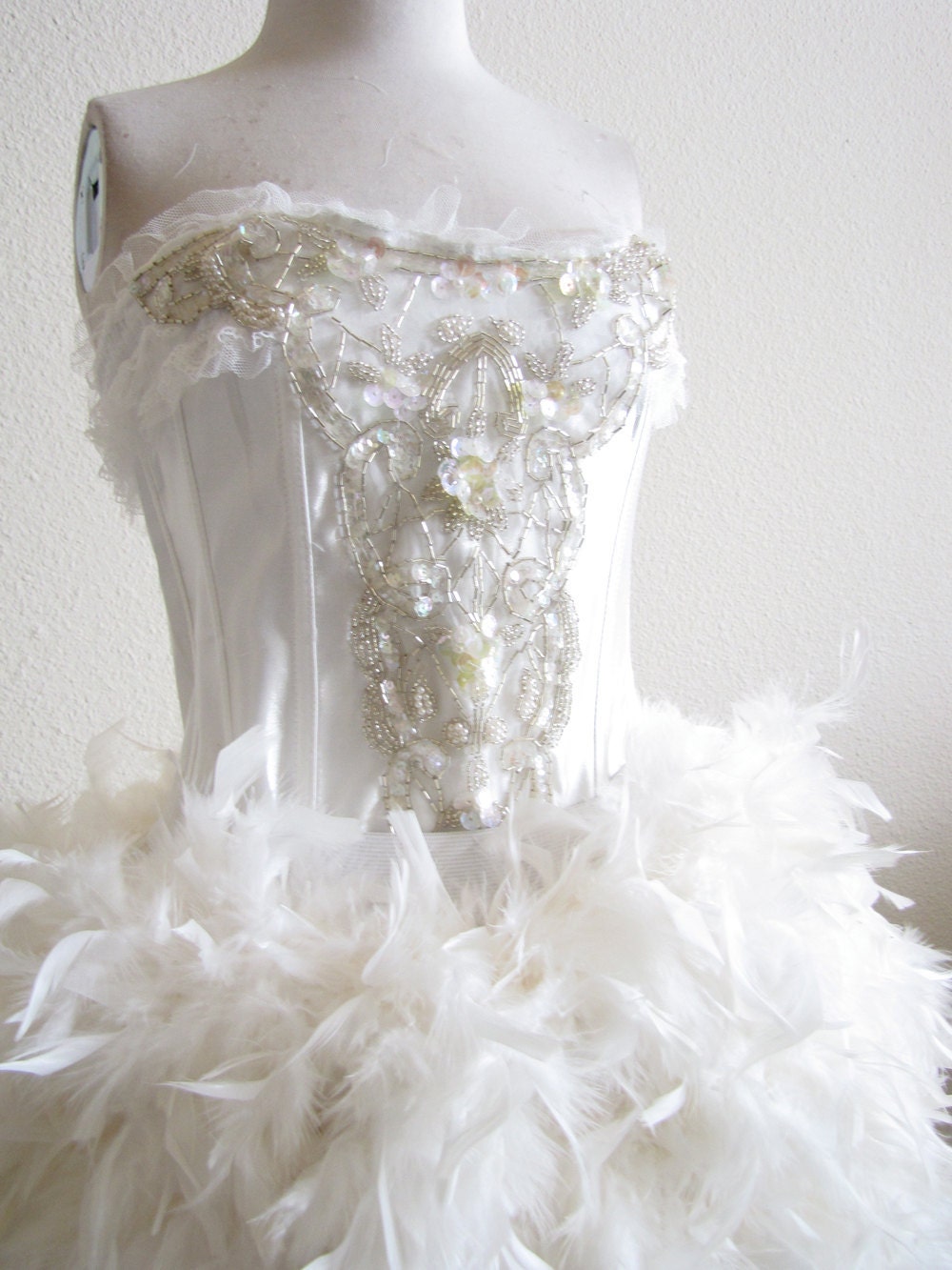 Ivory Bridal Wedding Corset Burlesque Dress with Boa Feathers and Vintage Beaded Appliqué