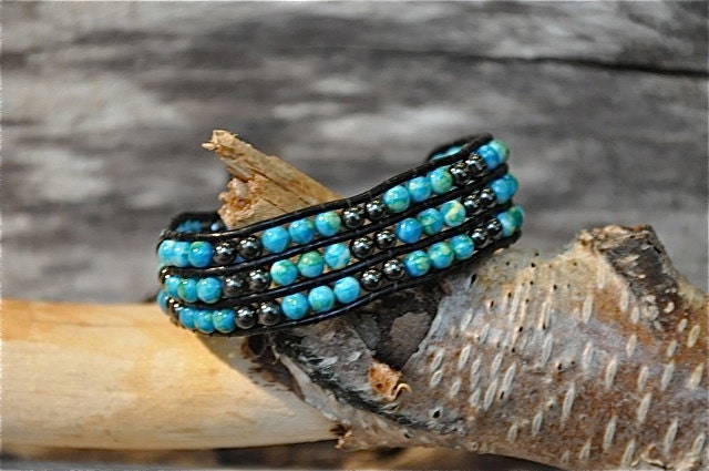 Leather Wrap Three Stack Custom Turquoise and Hematite Bracelet