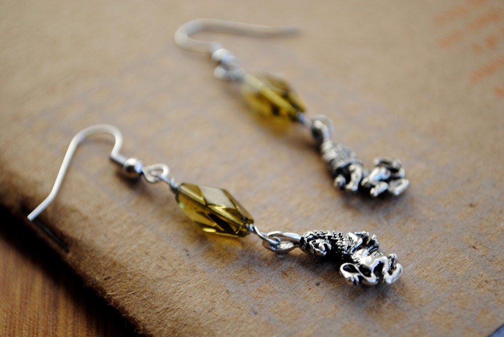 Olive Green Lion Rampant Earrings Renaissance Fantasy Jewelry