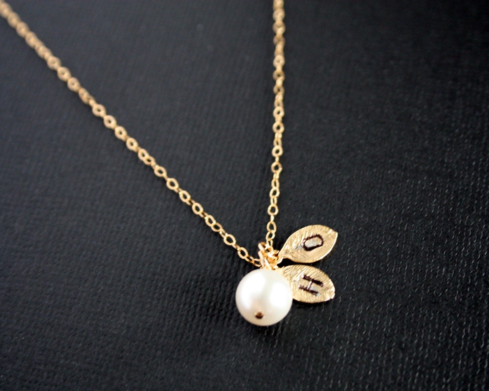 Two initial leaf and pearl necklace - GOLD, birthday gifts, bridesmaids gifts, bridal jewelry, wedding jewelry, simple elegant