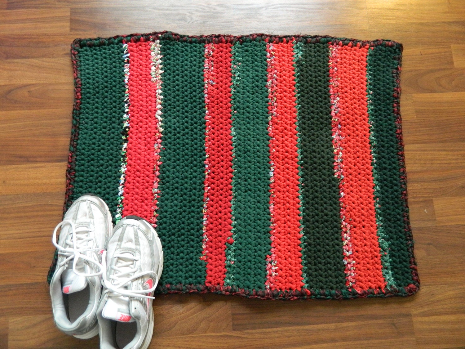 Country Christmas Hand Crocheted Rag Rug, Made with Recycled T-Shirt Yarn
