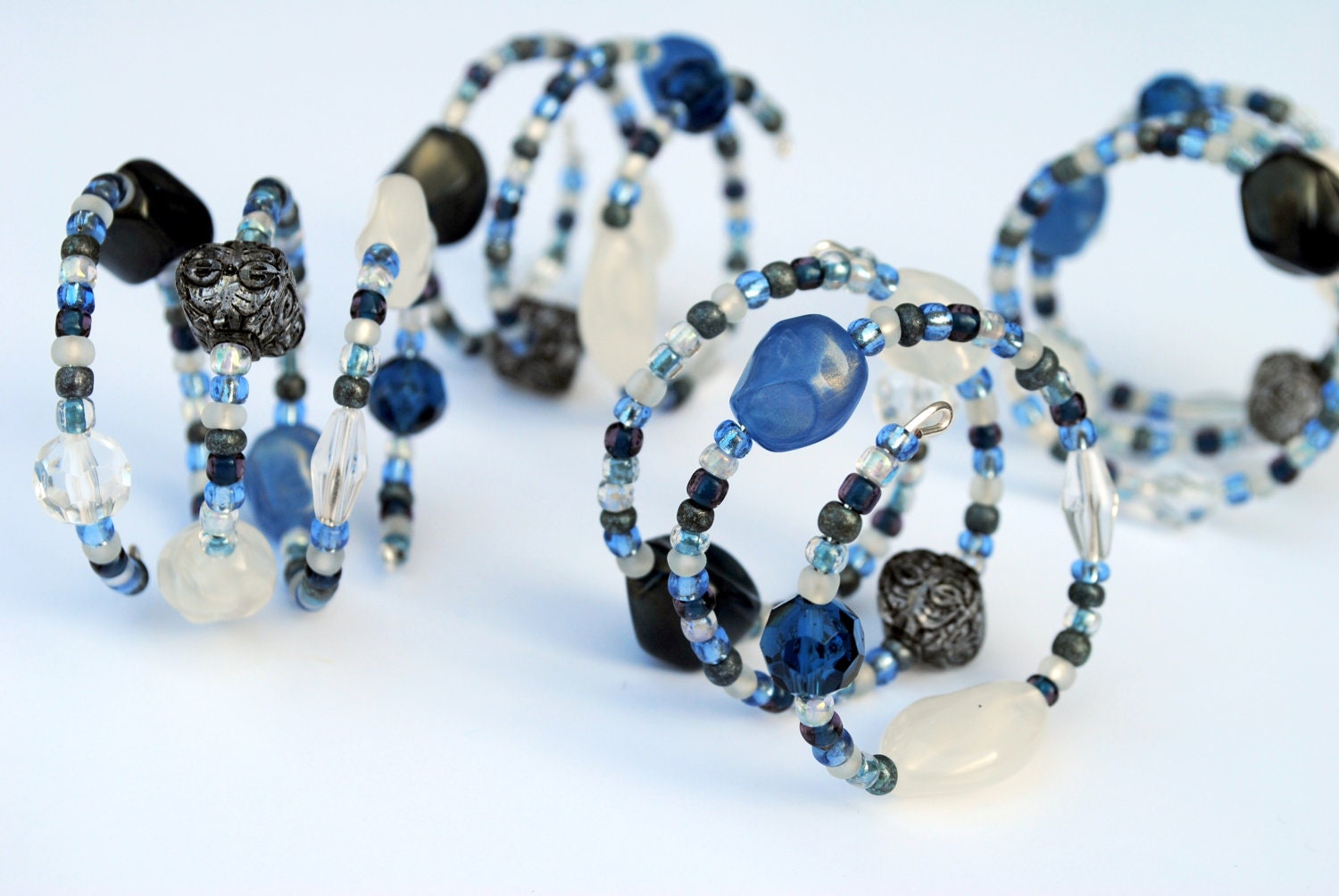 Blue and White Beaded Napkin Rings--Set of 4--Sapphire Palace