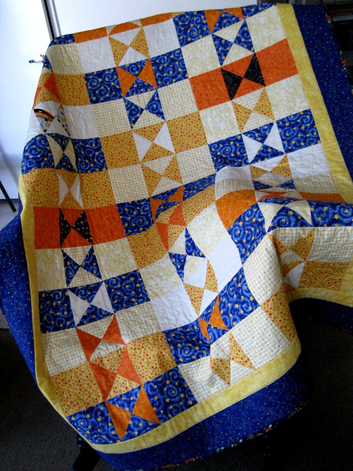 Handmade Quilt Patchwork, 44 x 57, Blue Yellow Orange Triangles, Bowtie, Free Motion Quilting NEW