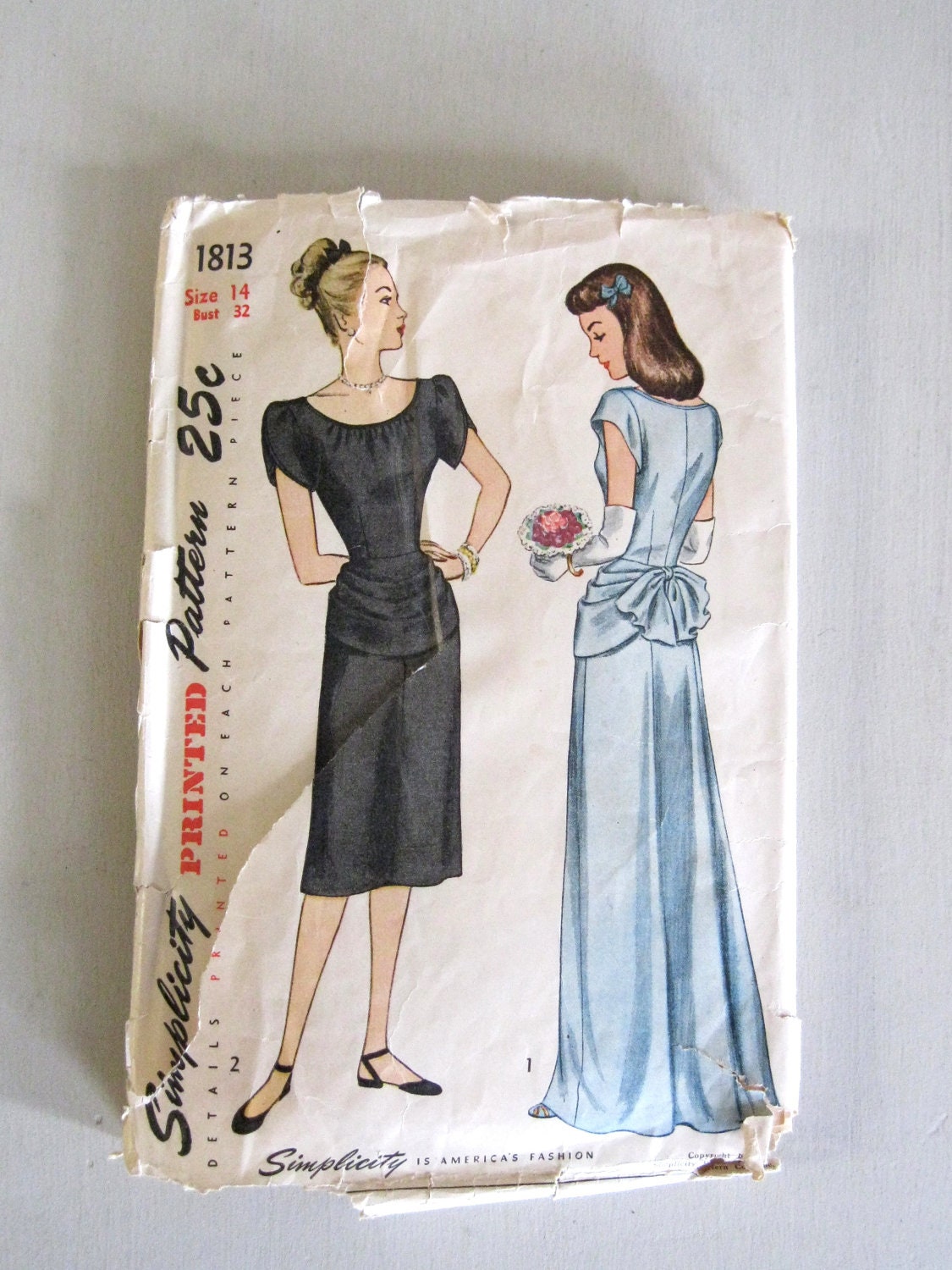 Simplicity 1813 Misses 40s Evening Dress Pattern Bust 32 Draped Bustle Petal Sleeves Scoop Neck Womens Vintage Sewing Pattern