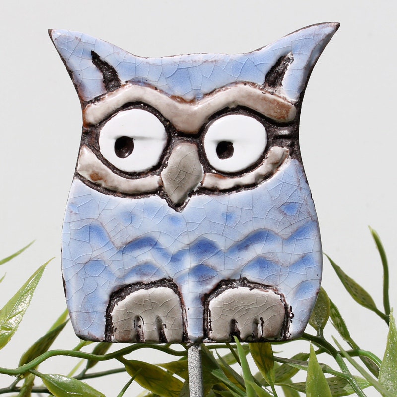 baby owl - plant stake -garden art - garden decor - plant pot decoration-  gift for teacher -'hedwig' - small baby blue
