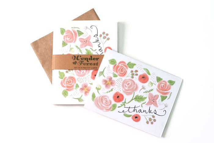 Botanical Thank You Cards Set of 6 - Floral Flowers Thanks Illustrated Note Card