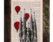 Vintage Book Print - Barcelona Sagrada Familia Balloon Ride Print on Vintage Book art Gaudi Holy Family