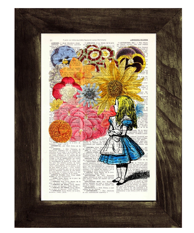 Alice in wonderland - Alice in Prrintland with Flowers - Alice in Wonderland Collage Print on Vintage Dictionary Book art