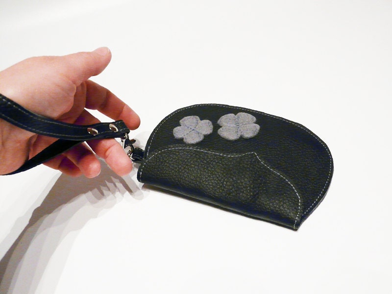 Leather clutch black small handbag grey flowers purse