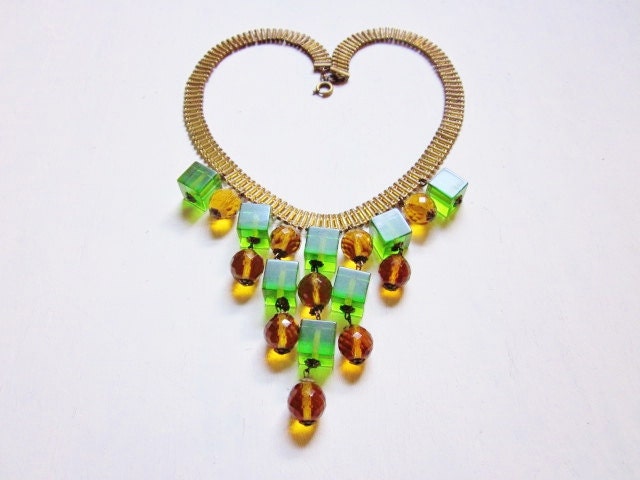 Art Deco Necklace Gold Brass Green Bakelite Amber Glass Dangles Vintage Statement Necklace 1930s Art Deco Jewelry